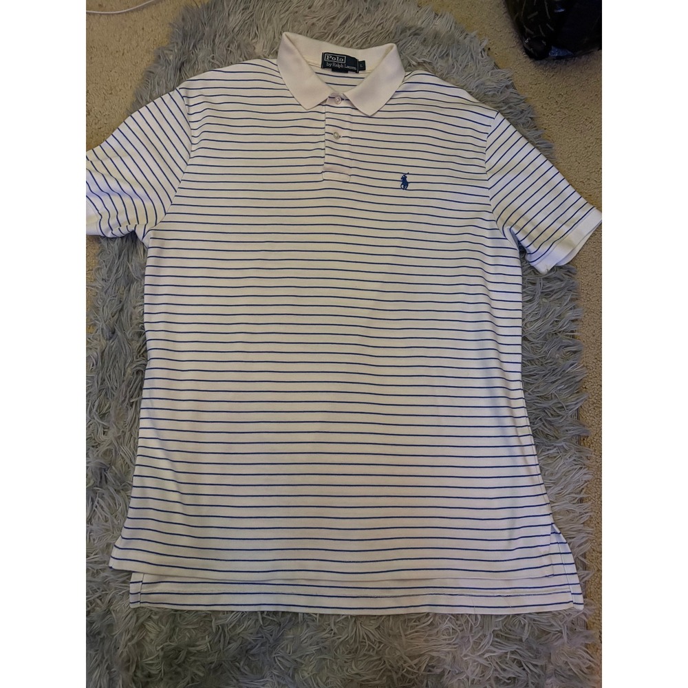Polo Ralph Lauren Men's Large‎ Classic Fit Striped Polo White Blue Short Sleeve
